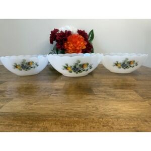 Vintage Arcopal France Milk Glass Fruit Harvest‎ Bowls Scalloped Mixing Serving